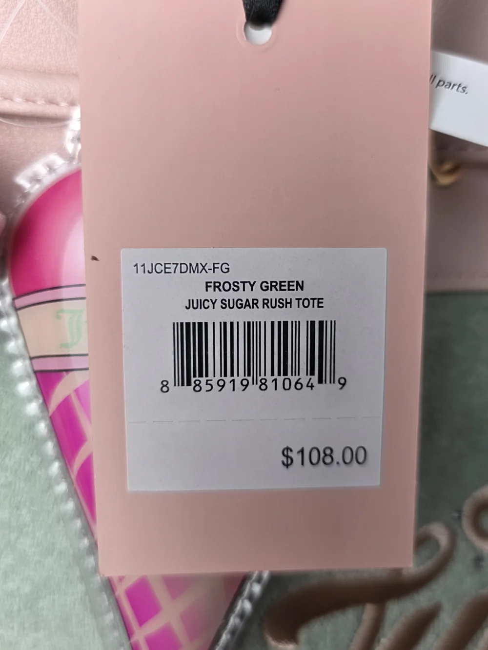 Juicy Couture Sugar Rush Tote Frosry Green and Pink Tote with Ice Cream Charm
